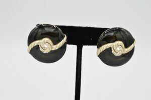 MJ Ent Vintage Black Enamel Brushed Silver Earrings Round Knot Signed 1980s BnS